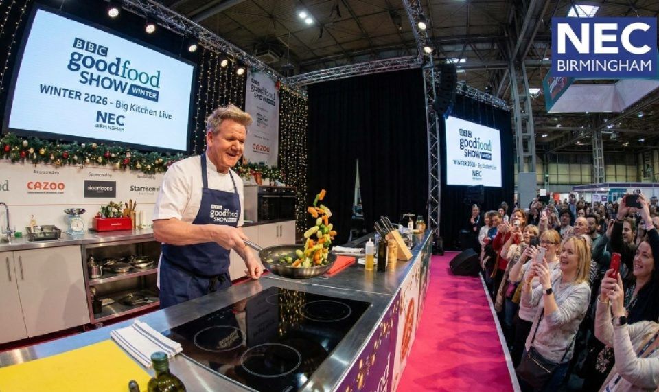 Celebrity chef cooking live on the Big Kitchen stage at BBC Good Food Show Winter 2026 NEC Birmingham