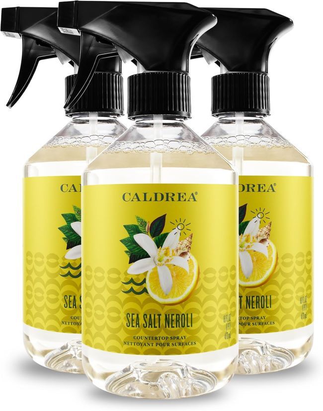 Caldrea multi-surface countertop spray cleaner with vegetable protein extract, designed for gentle cleaning of sealed wood and kitchen surfaces