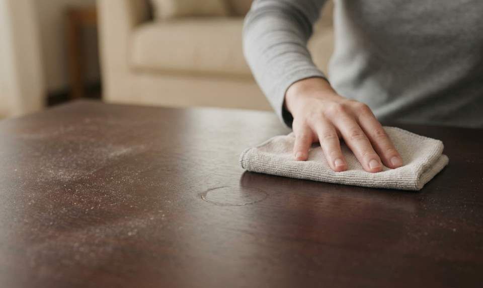 Cleaning finished wood table with microfiber cloth