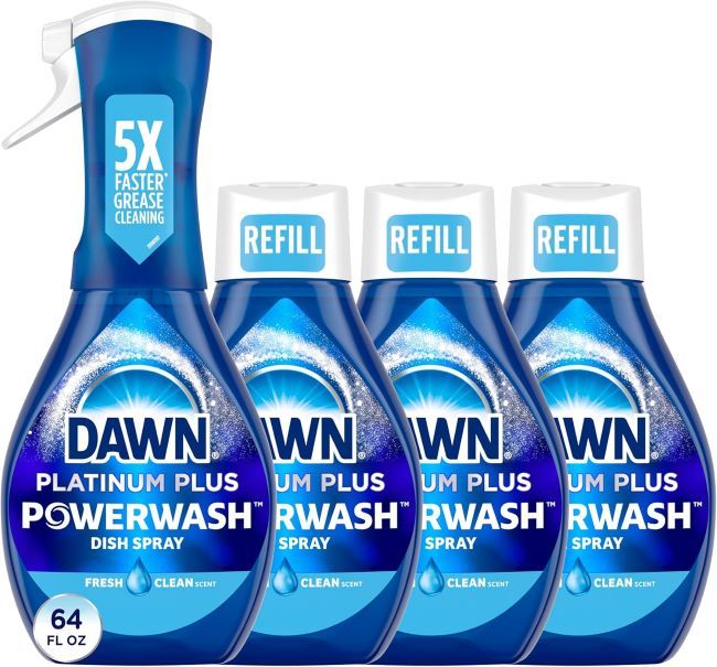 Dawn Powerwash spray starter kit with refills, designed for cutting grease and cleaning kitchen surfaces quickly and effectively