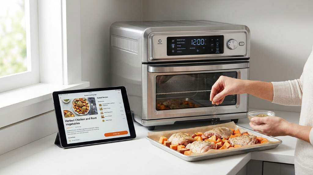 Freshly baked apple crisp dessert prepared in a smart air fryer oven