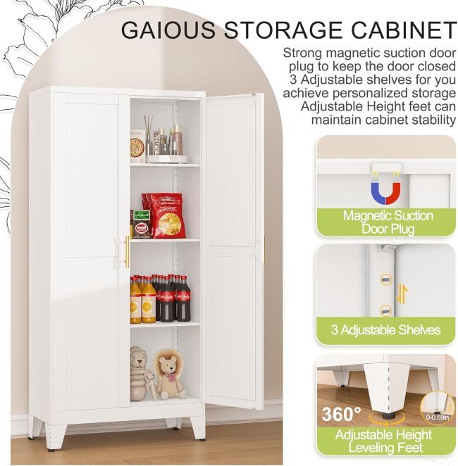 GAIOUS metal pantry cabinet with 2 doors and 3 adjustable shelves, designed for organized kitchen, dining, or utility storage in white finish