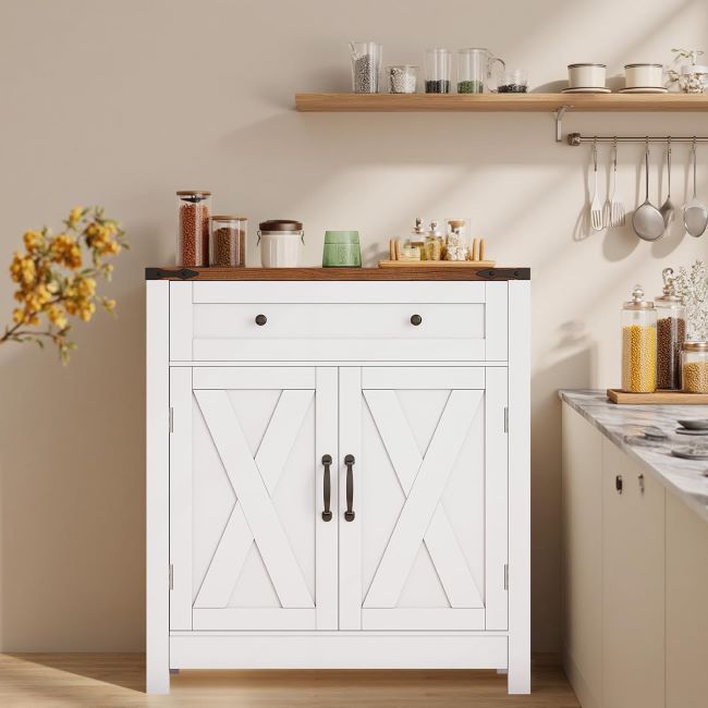 GRUSIGN coffee bar station sideboard cabinet with drawer and adjustable shelf, modern farmhouse storage solution for kitchen or entryway