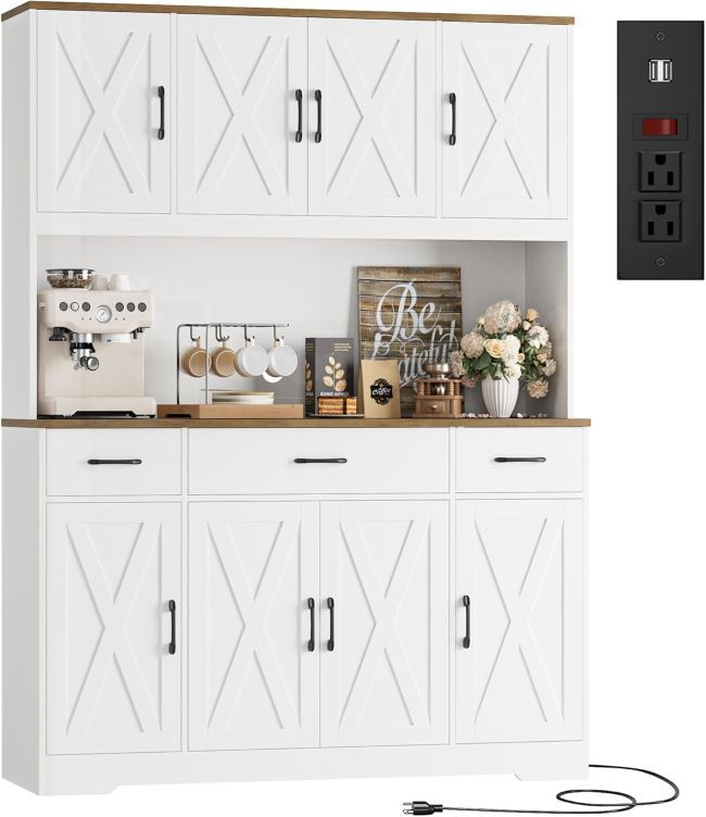 HOSTACK large 71-inch pantry cabinet with charging station, drawers, and countertop for modern kitchen storage and appliance organization