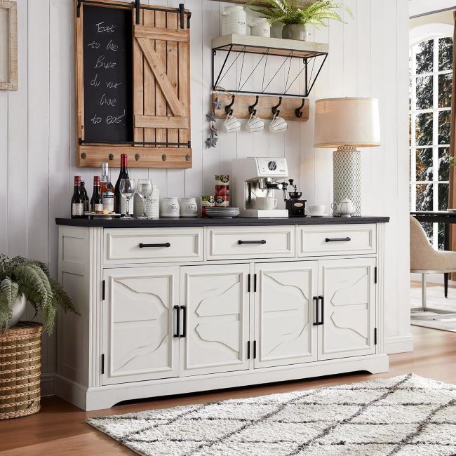 JXQTLINGMU farmhouse buffet cabinet with multiple doors and drawers, adjustable shelves, and coffee bar design for home organization