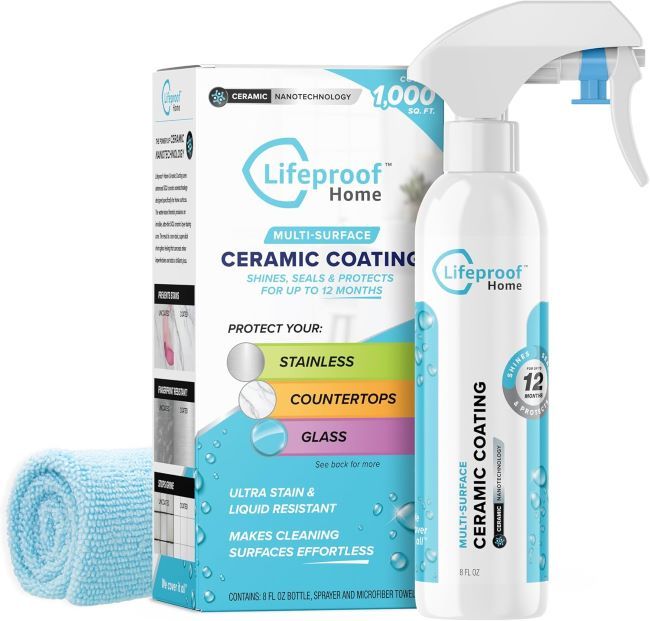 Lifeproof ceramic coating spray kit designed to protect kitchen and bathroom surfaces, adding shine and repelling stains and grime