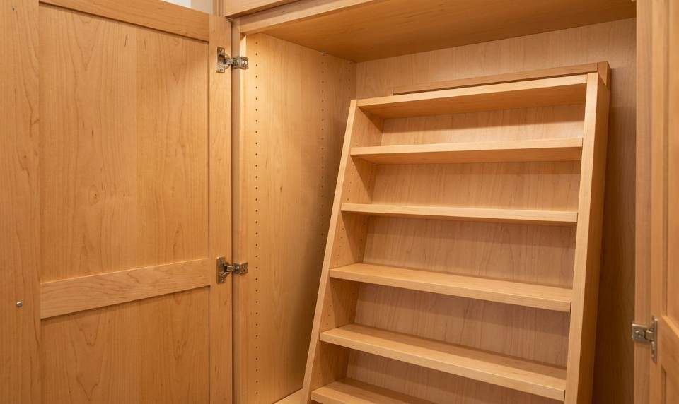 Organized kitchen pantry cabinets with labeled storage containers