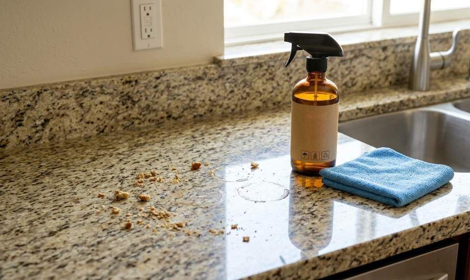 Person cleaning kitchen countertop with cleaner spray