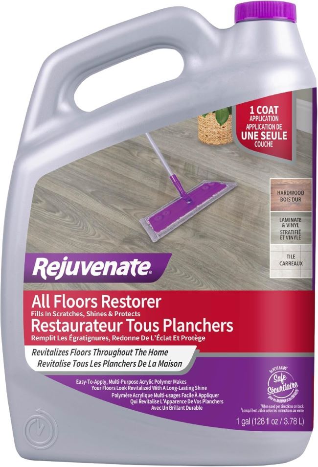 Rejuvenate All Floors Restorer gallon bottle designed to fill scratches, restore shine, and protect hardwood, laminate, vinyl, and tile surfaces