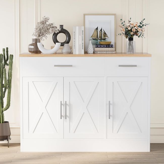 Shintenchi farmhouse buffet cabinet with barn-style doors and adjustable shelf, designed for kitchen and living room storage organization