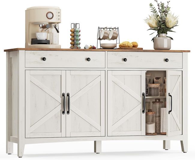 VASAGLE LIRY buffet cabinet with drawers, adjustable shelves, and cable management holes, designed for stylish storage and coffee bar use
