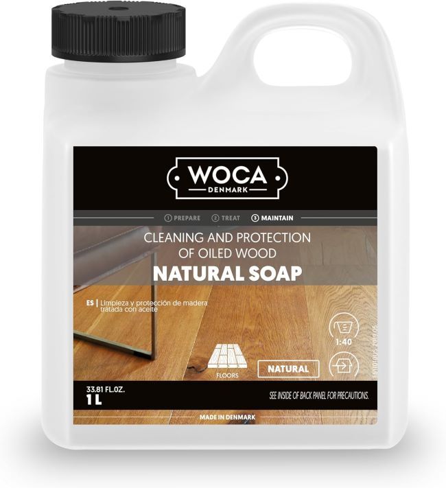 WOCA natural soap wood cleaner for oil-finished hardwood floors, countertops, and butcher block surfaces, offering gentle maintenance care