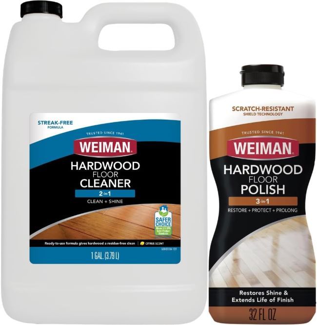 Weiman hardwood floor cleaner and polish that removes dirt and scratches while leaving a protective, natural-looking shine on wood and vinyl floors