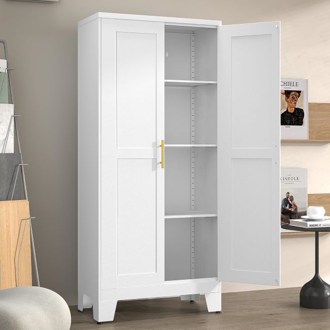Winiowa metal pantry cabinet with gold handles, adjustable shelves, and tall design for versatile storage in kitchen or dining areas