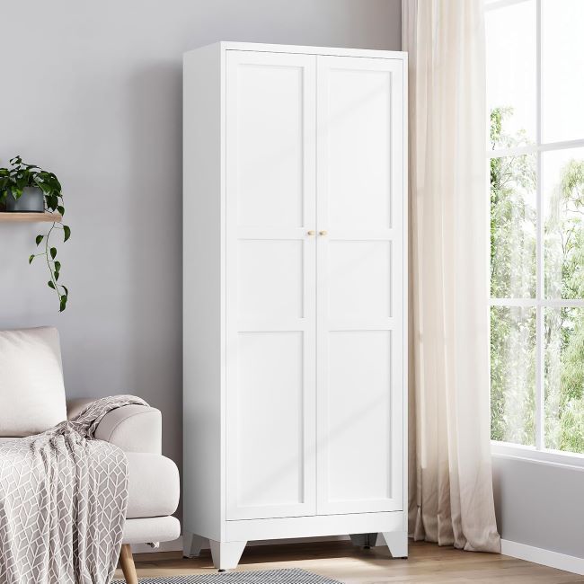 Yizosh 75-inch metal pantry cabinet with double doors and adjustable shelves, offering large-capacity storage for kitchen or living spaces