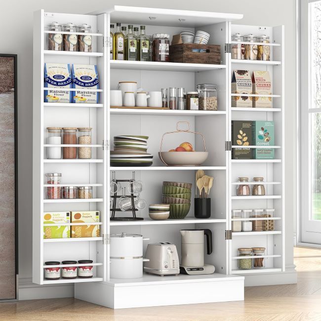 Kepptory 47-inch freestanding pantry storage cabinet with adjustable shelves and doors, ideal for organizing kitchen or living room essentials
