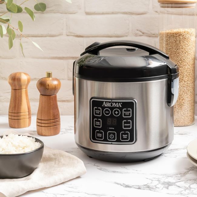 AROMA Digital Rice Cooker with programmable controls for rice, steaming, and one-pot meals