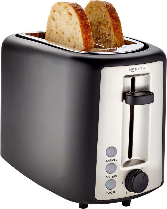 Amazon Basics 2 Slice Toaster with extra-wide slots toasting bagels and thick bread in a Michigan kitchen