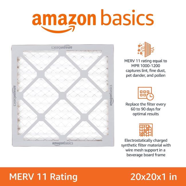 Amazon Basics HVAC air filter capturing dust, pollen, and airborne particles for cleaner home air
