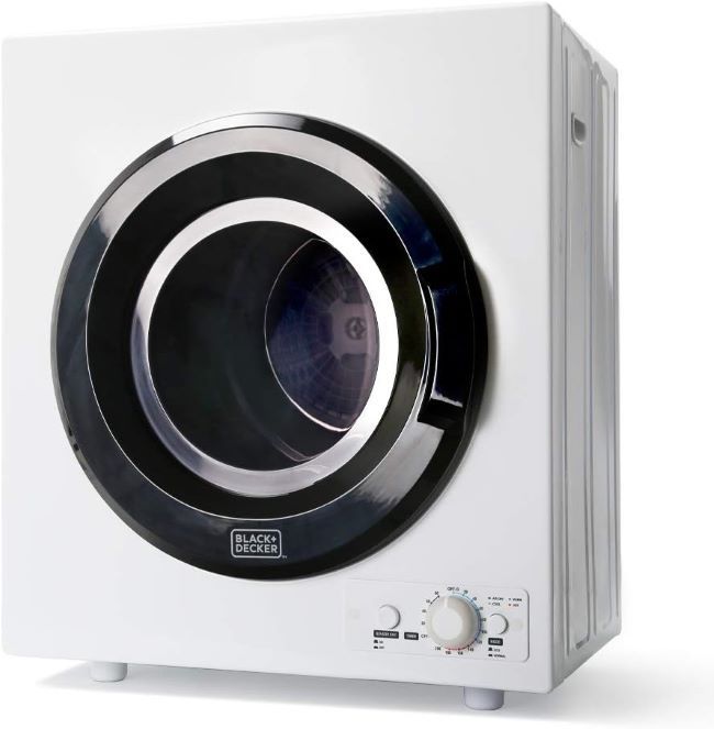BLACK+DECKER BCED37 compact dryer operating in a Texas apartment laundry room