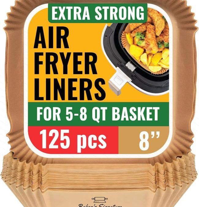 Baker's Signature air fryer paper liners in an air fryer basket in California