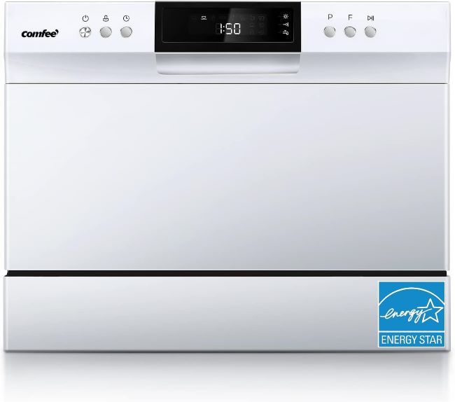 COMFEE’ portable mini dishwasher cleaning dishes on a Michigan kitchen countertop with compact convenience