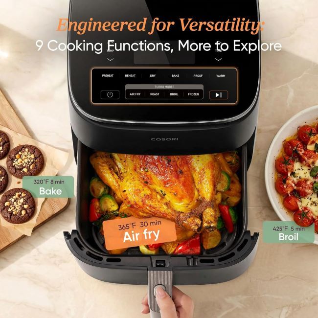 Cosori 9-in-1 air fryer roasting, baking, and air frying food with even, crispy results