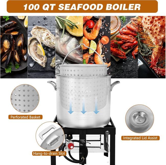Creole Feast SBK1001 propane seafood boiler preparing crawfish, shrimp, and crab boils