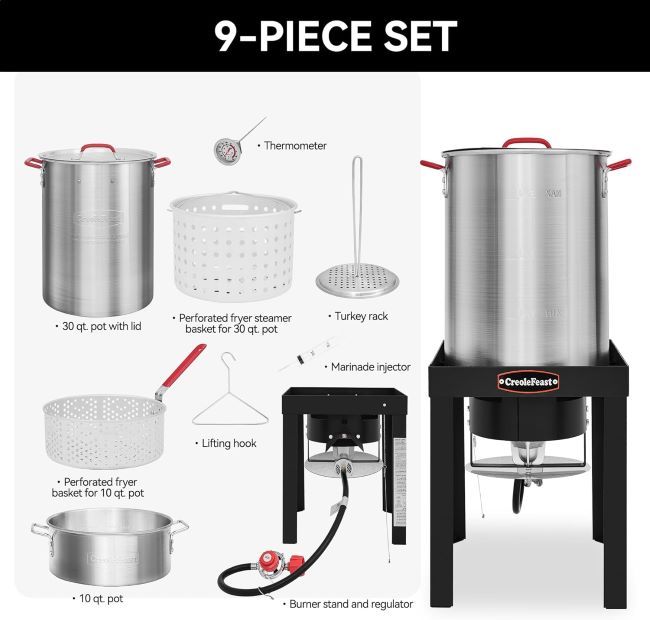 CreoleFeast TFS3010 propane turkey fryer with stock pot and burner for backyard meals