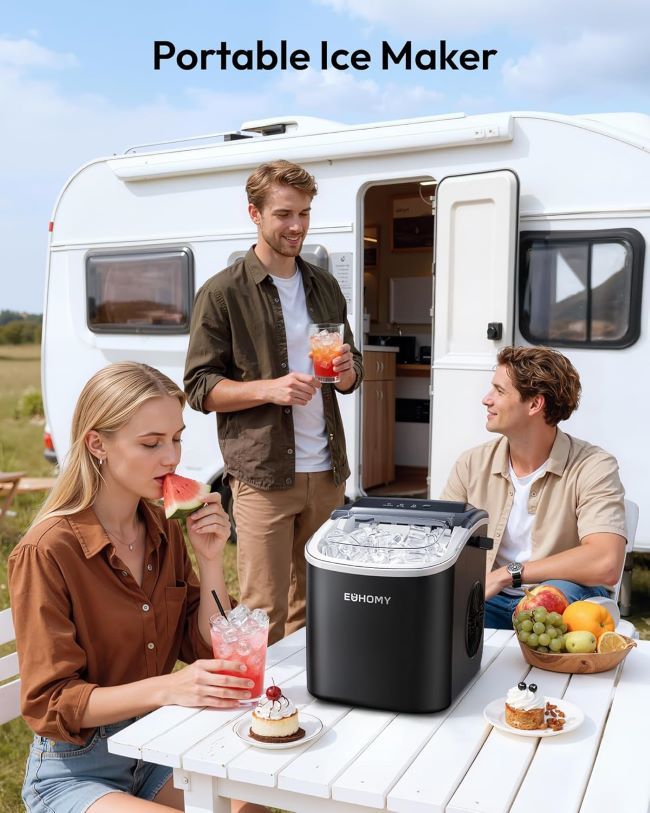 EUHOMY portable ice maker with handle, ice basket, and self-cleaning function for home and camping