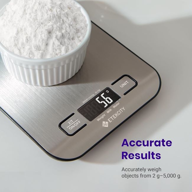 Etekcity kitchen scale displaying ingredient weight for meal prep, baking, and portion control