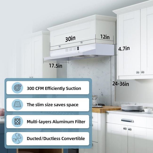 FIREGAS 30-inch range hood with dual-speed exhaust fan, aluminum filters, and under-cabinet design