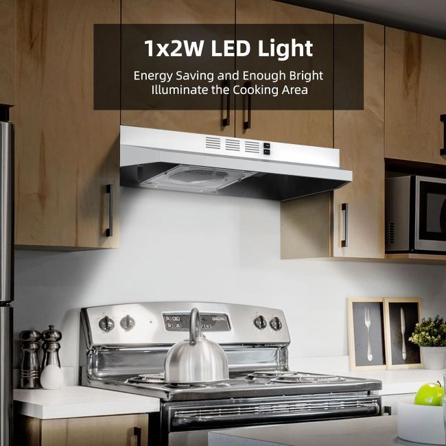 FIREGAS 30-inch under cabinet range hood installed above a kitchen stove in a California home