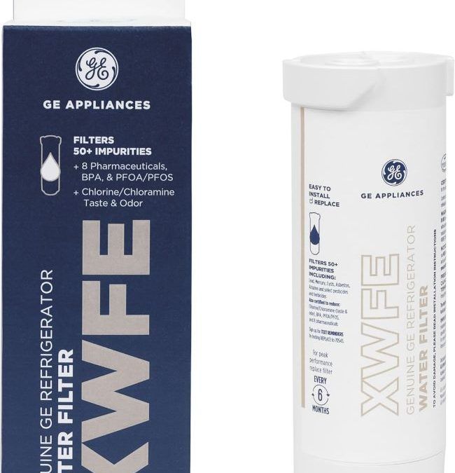 Genuine GE XWFE refrigerator filter reducing contaminants for cleaner drinking water