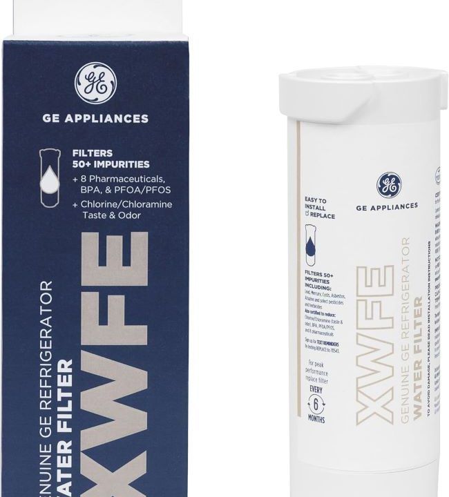 Genuine GE XWFE refrigerator filter reducing contaminants for cleaner drinking water
