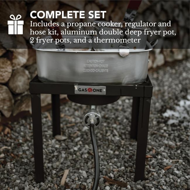 Gas One outdoor propane fryer with thermometer, stock pot, and heavy-duty cast iron burner