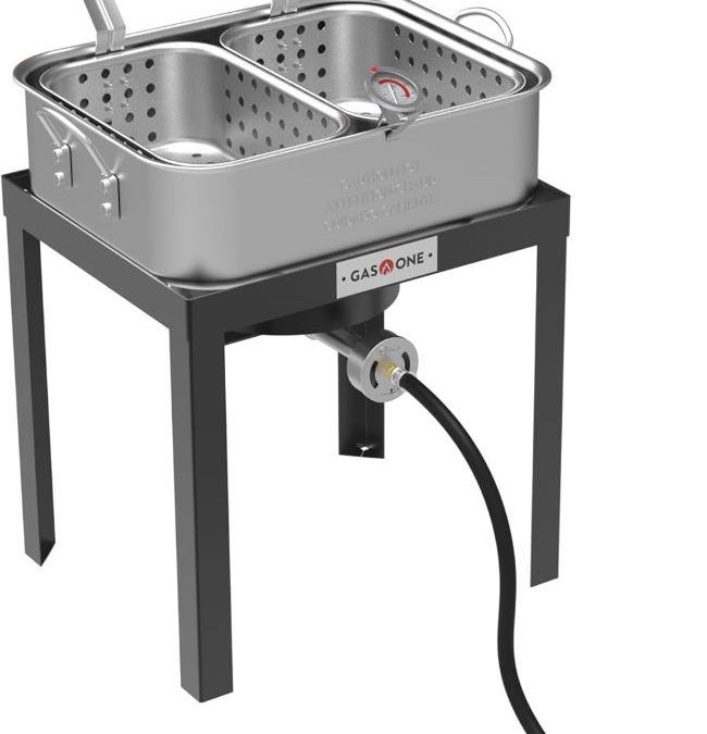 Gas One propane fryer with cast iron burner and thermometer for outdoor cooking in Wisconsin