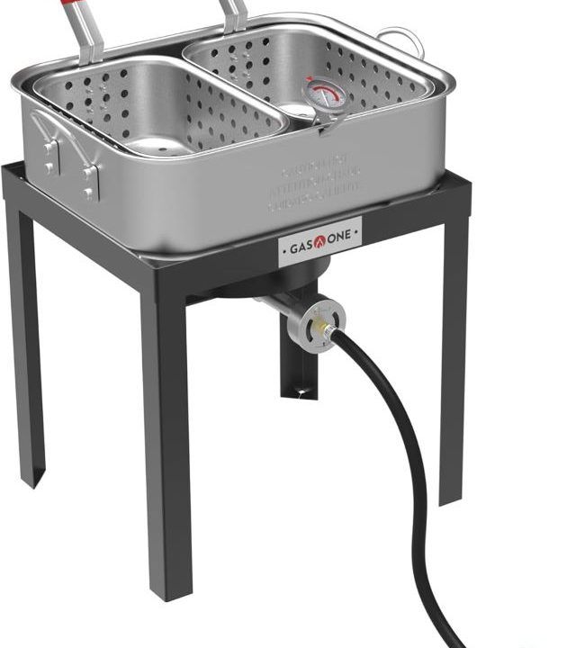 Gas One propane fryer with cast iron burner and thermometer for outdoor cooking in Wisconsin