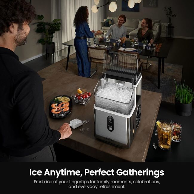 Kismile countertop nugget ice maker producing soft chewable ice in a Utah kitchen