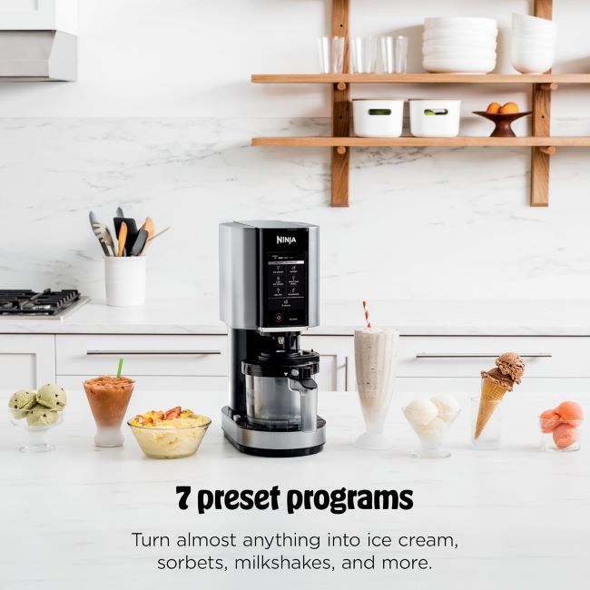 Ninja NC301 CREAMi with pint containers making gelato, sorbet, milkshakes, and frozen desserts