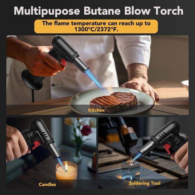 Sondiko kitchen torch with visible fuel window and ergonomic grip for DIY and cooking
