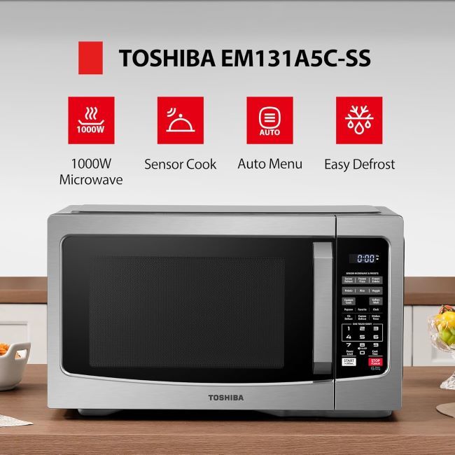 TOSHIBA EM131A5C-SS 1.2 cu. ft. microwave reheating meals quickly with multiple auto-cook settings