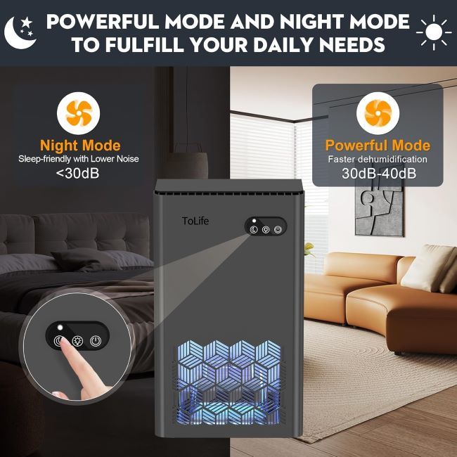 ToLife compact dehumidifier helping control humidity in bedrooms and living spaces