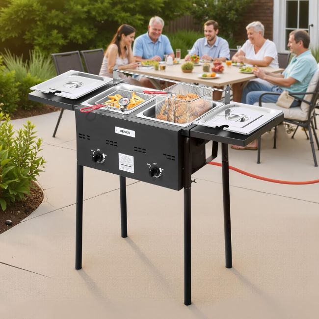 VEVOR propane deep fryer cooking fish, chicken, and seafood with precise temperature control