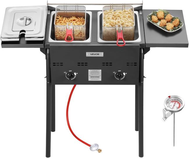 VEVOR outdoor propane deep fryer with double burners and dual 16-quart stainless steel tanks in Florida