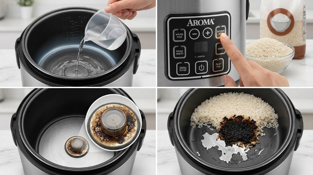 Checking rice and water levels in an Aroma cooker