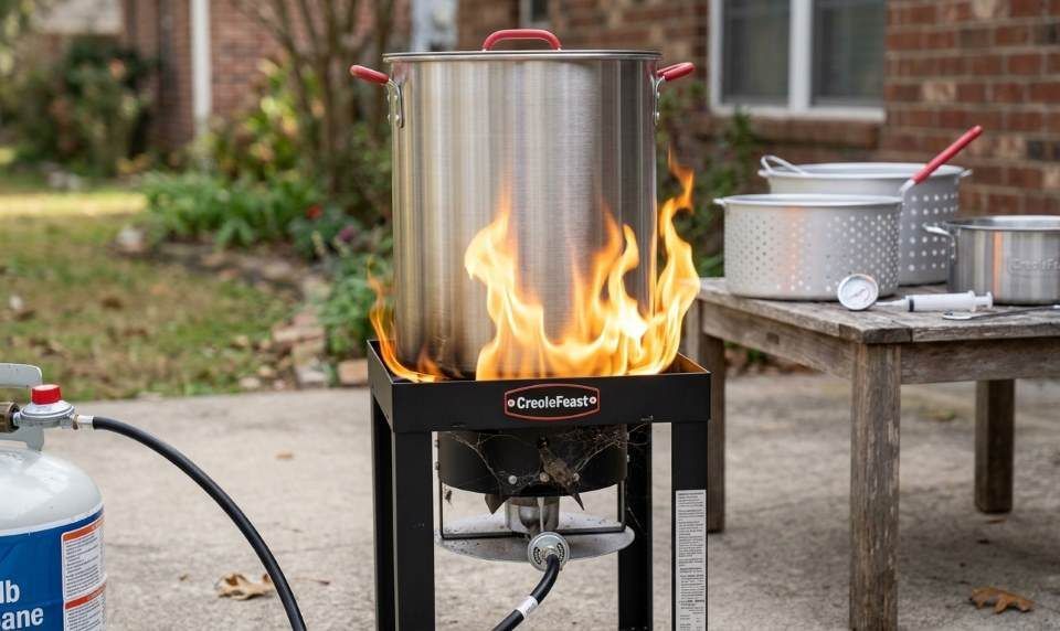CreoleFeast TFS3010 turkey fryer with yellow burner flame