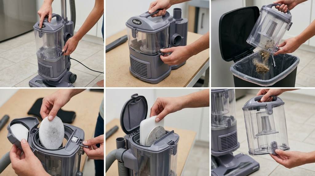 Emptying Shark Navigator vacuum over a trash can