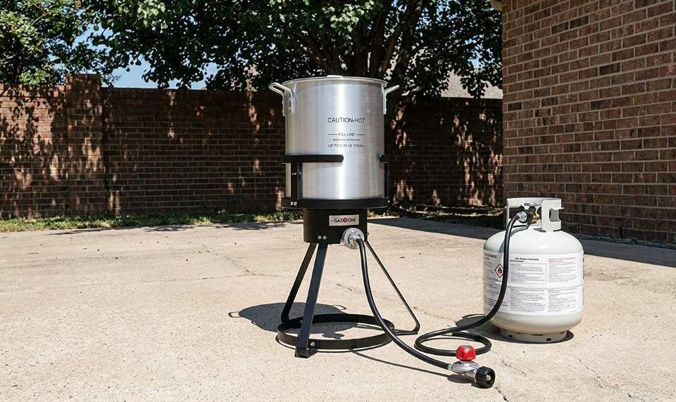GasOne 30qt turkey fryer burner safely lit outdoors