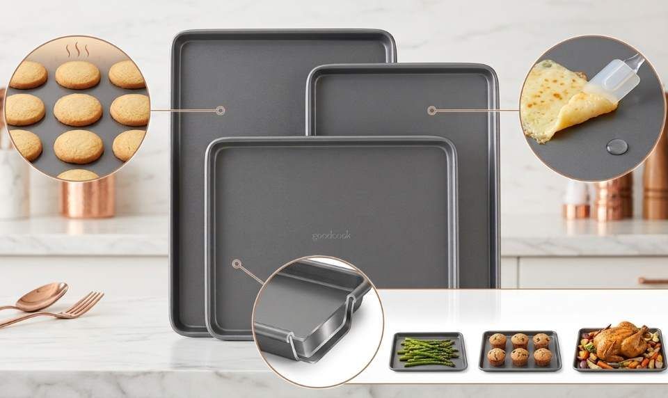 GoodCook baking sheet set arranged on kitchen counter